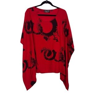 P Luca Milano X-Large Red Black Asymmetric Hem Blouse Top Lagenlook Artsy Art